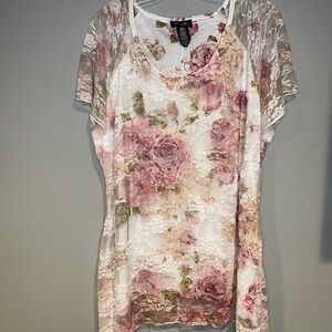 Brittany Black Flutter Sleeve Lace Pink White Floral Print Knit Tunic Sz 3X
